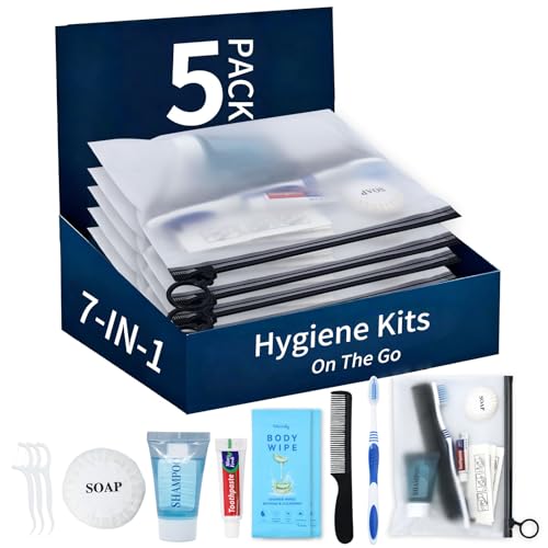 5 Pack Hygiene Kits – 7-in-1 Toiletry Set with Toothbrush, Shampoo & Wipes