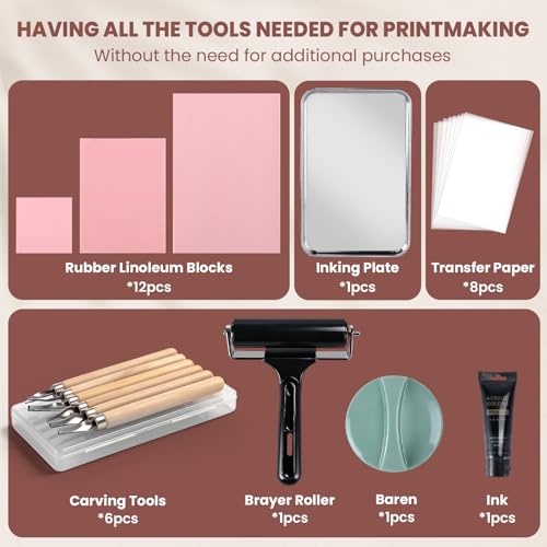 Linocut Kit for Beginners - 12 Linoleum Blocks, 6 Carving Tools & Ink