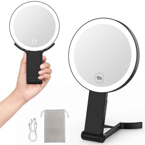 Travel Makeup Mirror with Light, Double Sided 10X /1X Magnifying Mirror with Light, Rechargeable Portable Lighted Beauty Mirror, 3 Color Lighting Dimmable Touch Screen,Hand Mirror Hanging Tabletop