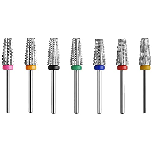 7pcs 5 in 1 Nail Drill Bits Set, Multi-Function Tapered Shaping Carbide Nail Drill Bit Use for Both Left to Right Handed, 3/32 Inch Nail Bit for Remove Acrylic Gel Nail Accessories(Silver)