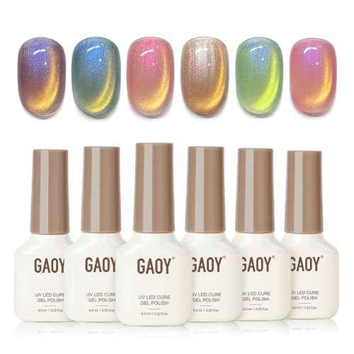 GAOY Glitter Cat Eye Gel Polish Kit with Magnet, 6 Colors Colorful Holographic Nail Polish Set, UV Cure Gel for DIY Manicure at Home