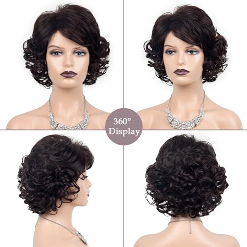 Dark Brown Curly Wig with Bangs - Short Synthetic Hair for Women