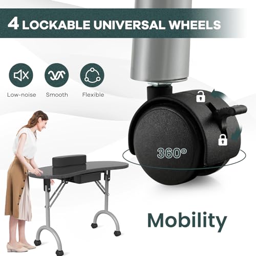 WELLHUT Portable Manicure Table with Lockable Wheels & Carrying Bag