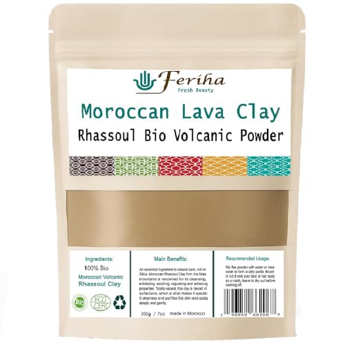 FERIHA Moroccan Rhassoul Bio Mineral Clay Powder ? Natural Face, Body & Hair Mask | Deep Cleansing, Revitalizes Skin & Enhances Elasticity | 200g / 7oz