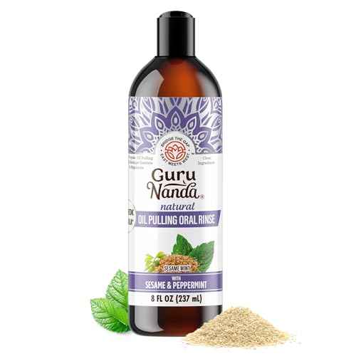 GuruNanda Sesame Mint Oil Pulling Mouthwash for Gentle & Natural Oral Care, Pure Sesame & Mint Extracts, Supports Happy Gums & Oral Hygiene, Alcohol-Free, 8 Oz