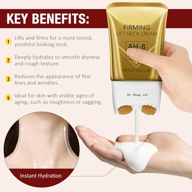 AH8 Neck Firming Cream with Hexapeptide - Intensive Moisturizing & Tightening Lotion for Crepey Skin, Supports Skin Comfort, All Skin Types - 4.23 oz