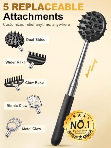 TUKUOS Black Telescoping Back Scratcher with 5 Interchangeable Heads - Gift for Men