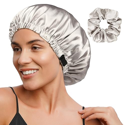 YANIBEST Adjustable Double Layer Satin Bonnet for Curly Hair - Ash Grey