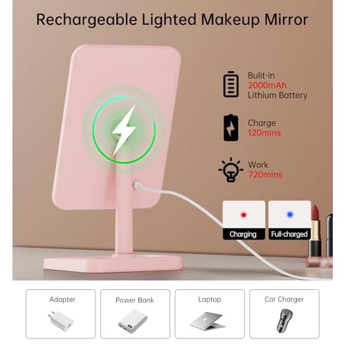 Famihomii Rechargeable Lighted Makeup Mirror for Girls, Desk Mirror with Lights, Detachable 10X Magnifying Mirror, Storage Base, 360¡Æ Rotation, Dimmable Lights for Teens Gifts, Pink