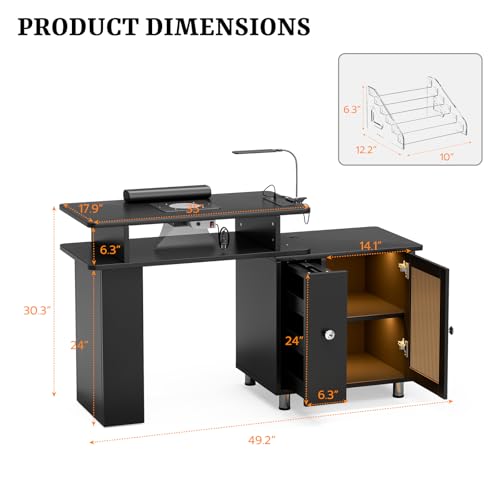 Black Manicure Table with LED Light & Lamp, Nail Tech Desk, Professional Salon Furniture