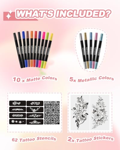Temporary Tattoo Markers, 15 Dual-End Colors with 62 Stencils