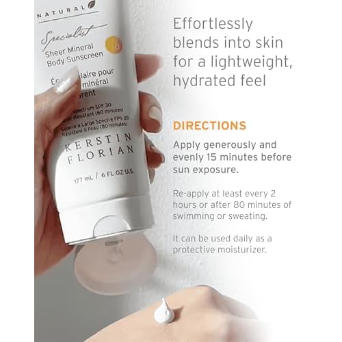Kerstin Florian Sheer Mineral Body Sunscreen SPF 30 | Waterproof UVA/UVB Sun Protection with Natural Zinc Oxide | Reef Safe Fragrance Free Formula for Sensitive Skin to Moisturize & Protect | 6 fl oz
