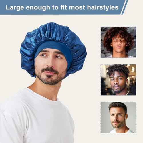 2 PCS Satin Silk Bonnet for Men Women, Hair Bonnet for Sleeping Men with Elastic Band, Large Silk Bonnet for Men Women Curly Hair Braids (Black+Blue)