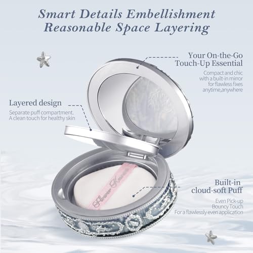 Flower Knows Shell's Jewel Collection Baked Powder,Makeup & Setting Pressed Powder Compact with Mirror and Puff,Pink Smooth Oil-Control Pore Blurring,0.32 Oz(02 Dreamy Pink)