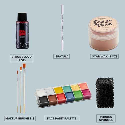 Spooktacular Creations 8 PCS Halloween Makeup Kit SFX Face Body Paint Set with Wound Scar Wax,12 Colors Face Paint Palette,Fake Blood,Spatula,Brushes for Halloween Costume,Zombie Makeup Dress Up