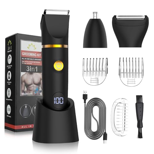 Manscape Body Trimmer for Men, 3 in 1 Men's Grooming Kit with Pubic/Nose Hair Trimmer & Ball Shaver for Nose/Balls/Groin/Legs/Chest Hair Removal, LED Display, IPX6 Waterproof, Gifts for Him Dad