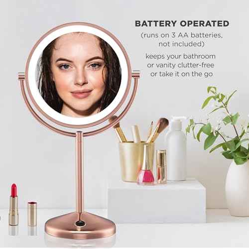 Conair Lighted Makeup Mirror, LED Vanity Mirror, 1X/10X Magnifying Mirror, Double Sided, Battery Operated in Rose Gold