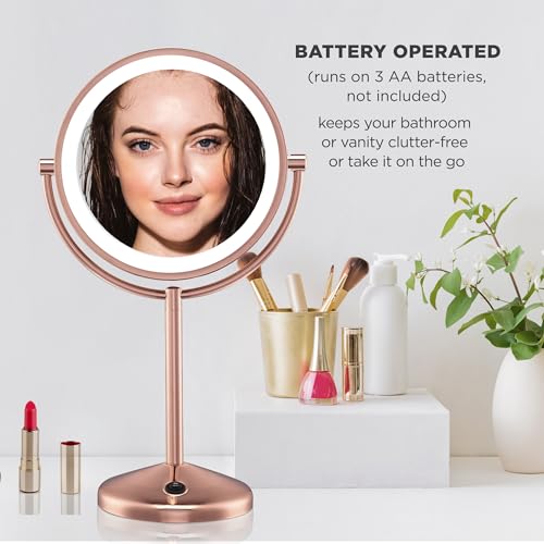 Conair Lighted Makeup Mirror, LED Vanity Mirror, 1X/10X Magnifying Mirror, Double Sided, Battery Operated in Rose Gold