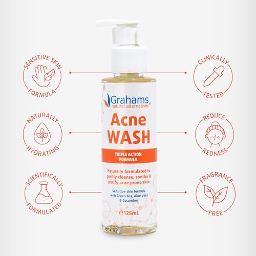 Grahams Natural All-Natural Acne Face Wash Gentle Acne Cleanser with Aloe Vera, Cucumber & Green Tea Extract - Reduces Breakouts, Calms Redness, Hydrates Skin - Hypoallergenic (4.23 fl oz)