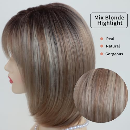 Layered Blonde Bob Wig with Bangs for Women - 12 Inch Synthetic Hair