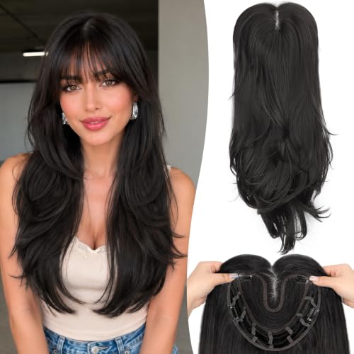 Hair Topper for Women 20" with Bangs, Black Brown for Thinning Hair