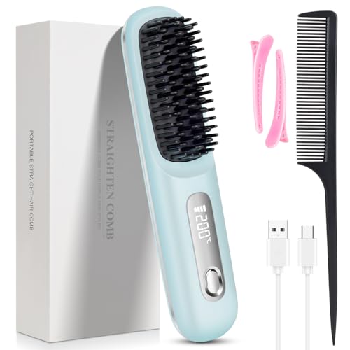 Cordless Hair Straightening Brush with LED Display - 3 Heat Settings