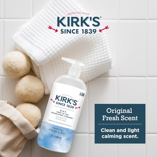 Kirk's 3-in-1 Head to Toe Nourishing Cleanser & Travel Size Bar Soap - for Men, Women & Children, Made with Premium Coconut Oil and Aloe Vera, Non-GMO & Vegan, Original Fresh Scent, 32 Fl Oz.