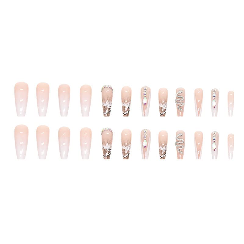 DOUBNINE 24PCS Press On False Coffin Extra Long Snake Sequins Rhinestones French Tip Glitter Glossy Nails Fake Nails with Glue Stick on Nails Acrylic Full Cover Chic False Nails for Women