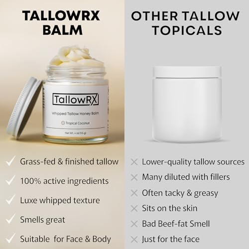 100% Grass-Fed Beef Tallow for Skin ? Whipped Tallow Honey Balm, Pure & Organic Moisturizer for Face & Body with Manuka Honey, Jojoba & Calendula ? Deep Hydration & Soothing (4 oz, Vanilla Scented)
