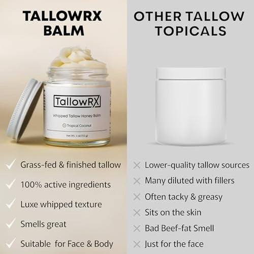100% Grass-Fed Beef Tallow for Skin ? Whipped Tallow Honey Balm, Pure & Organic Moisturizer for Face & Body with Manuka Honey, Jojoba & Calendula ? Deep Hydration & Soothing (4 oz, Vanilla Scented)