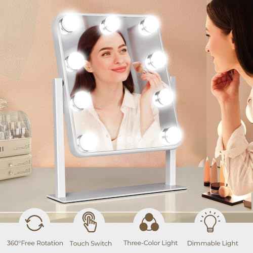 Hollywood Vanity Mirror with Lights,Tabletop Makeup Mirror with 9 LED Lights Smart Touch Control 3 Colors Light 360¡ÆRotation Detachable 10X Magnification