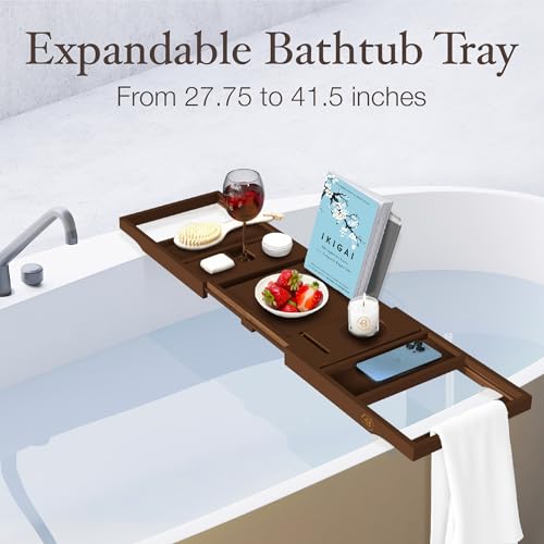 Bamboo Bathtub Tray, Expandable Bath Caddy with Wine Holder