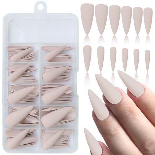 Bellelfin 120pcs Long Press on Nails Full Cover Matte Khaki Fake Nails Acrylic Pure Color False Nails for Women Girls Fingernails Artificial, 12 Sizes