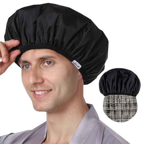 Years calm Men Shower Cap Reusable Waterproof, Dual-Layer Design, Double-Sided Use,Protects Hair in Shower, Spa, Travel & Cooking, Adjustable Elastic for Comfortable Fit (Black Plaid, One Size)