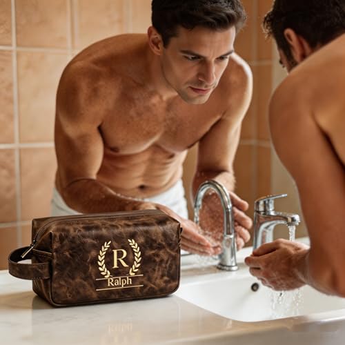 Personalized Leather Toiletry Bag for Men - Custom Engraved, Waterproof