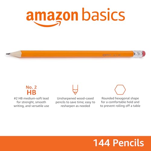 Amazon Basics Woodcased #2 Pencils, Pre-sharpened, HB Lead Bulk Box, 150 Count, Yellow