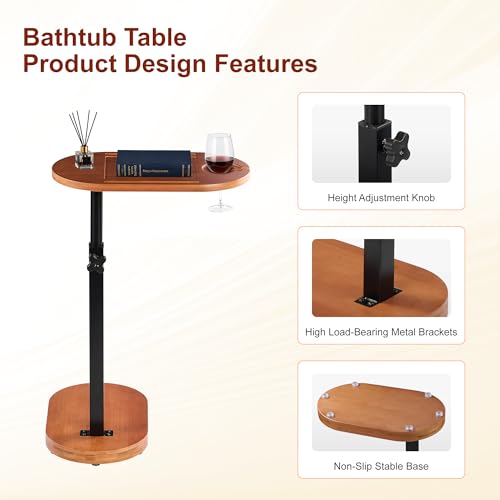 Bamboo Bathtub Caddy Tray, 360° Swivel Height Adjustable Bath Organizer