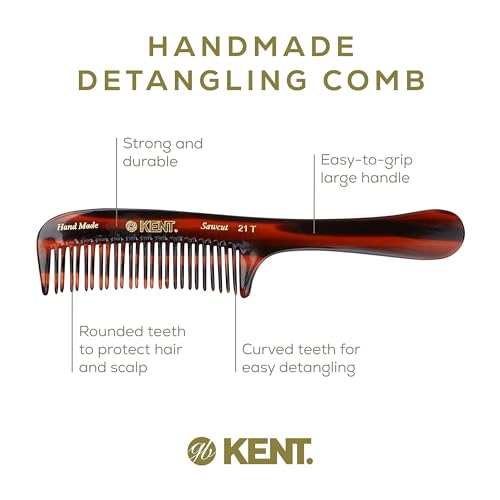 Kent 21T 8 Inch Large Detangling Comb, Wide Teeth for Thick Curly Wavy Hair. Long Hair Detangler Comb For Wet and Dry. Handmade of Quality Cellulose, Saw-Cut Hand Polished, Made in England