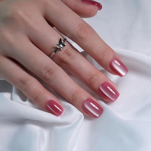 Jelly Rosy Pink Press On Nails Short Square – 30pc Kit with Cat Eye Glow