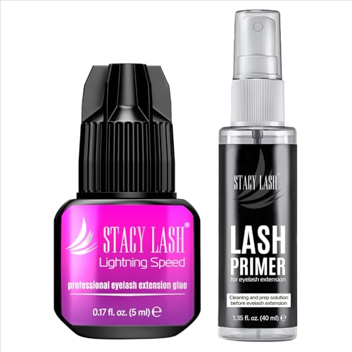 Lightning Speed Eyelash Extensions Glue ? Stacy Lash 5ml + 40ml Primer/ 0.3 Sec Drying time/Retention ? 6-8 Weeks/Lowest Fumes/Maximum Bonding Power/Professional Use Only/Black Adhesive