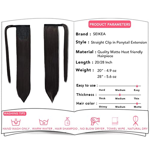 SEIKEA Clip in Ponytail Extension Wrap Around Long Straight Ponytail Natural Soft Synthetic Hairpiece for Women 28 Inch- Black Brown