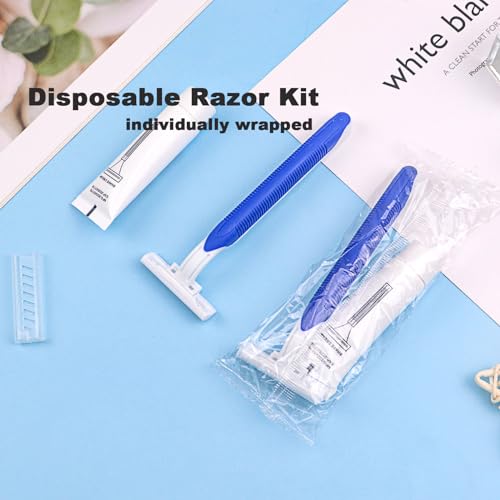 Disposable Razors in Bulk Pack of 120,Blue Disposable Shaving Razors Individual Wrapped Twin Blade Bulk Disposable Razors with Clear Cap and 10g Shaving Cream for Homeless,Hotel,Travel,Charity,Shelter