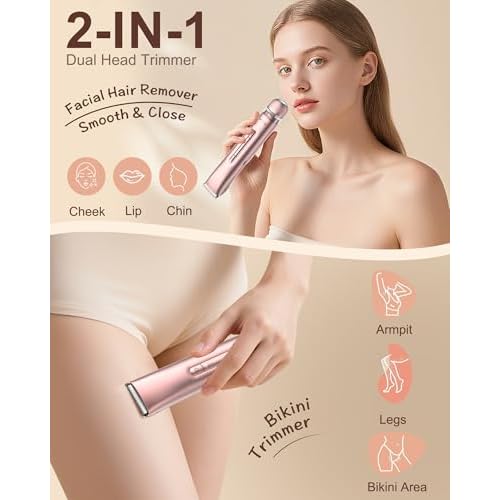 Bikini Trimmer for Women - Electric Razors for Women | Dual Head Electric Shaver for Ladies for Facial Hair Removal, IPX7 Waterproof, Painless & Flawless, USB Rechargeable, for Face, Bikini, Body, Leg