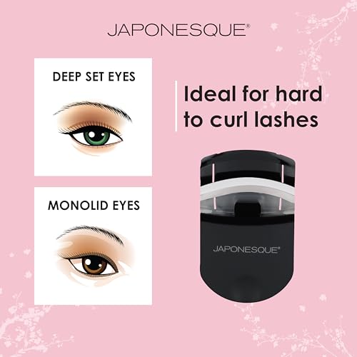 JAPONESQUE Travel Eyelash Curler, Black - Plastic Eyelash Curlers for Travel Makeup - Comes with Bonus Replacement Lash Pad - 1 Pack