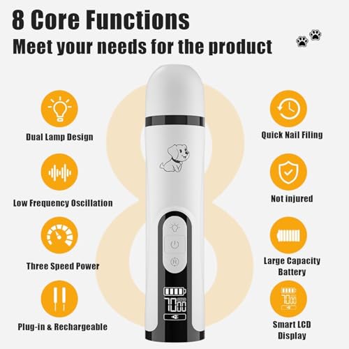 2026 New Ultra Quiet Pets Nail Grinder with 2 Lights,Adjustable 3 Speeds Dog Nail Trimmers,2000mAh Rechargeable,Painless Paws Grooming Pro for Small Medium Large Dogs & Cats (2 Replacement Heads)