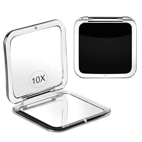 Compact 10X Magnifying Makeup Mirror for Travel, Small Pocket Mirror-Handheld, Foldable & Portable 2-Sided with 10X Magnifying and 1X Mirror for Purses - Square 3.3 x 3.3 inch (Black)