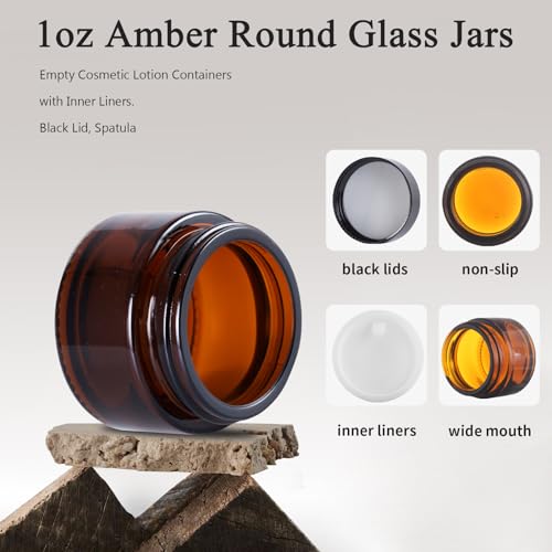 Amber Glass Cosmetic Jar with Black Lid & Spatula - 1oz Reusable Lotion Container
