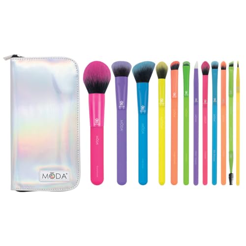 Moda Totally Electric 13pc Full Face Makeup Brush Set ? Bold, Colorful, Vegan Brushes for Face & Eye Makeup, Blending, Contouring, and More