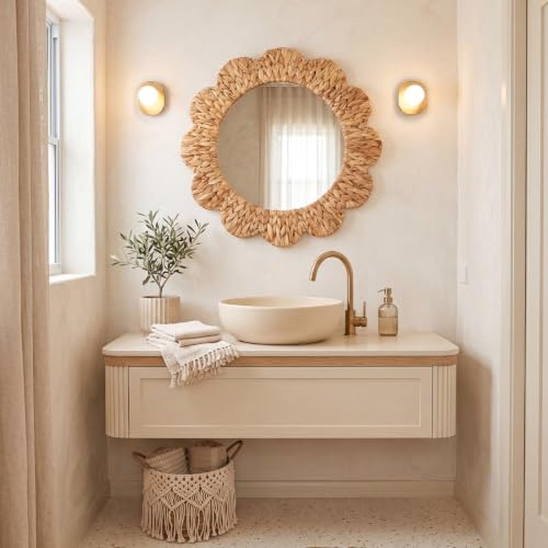 24 Inch Boho Wall Mirror Handwoven Water Hyacinth Scalloped
