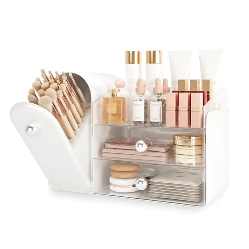 Lurcns Makeup Organizer with Dustproof Brush Holder & 2 Drawers